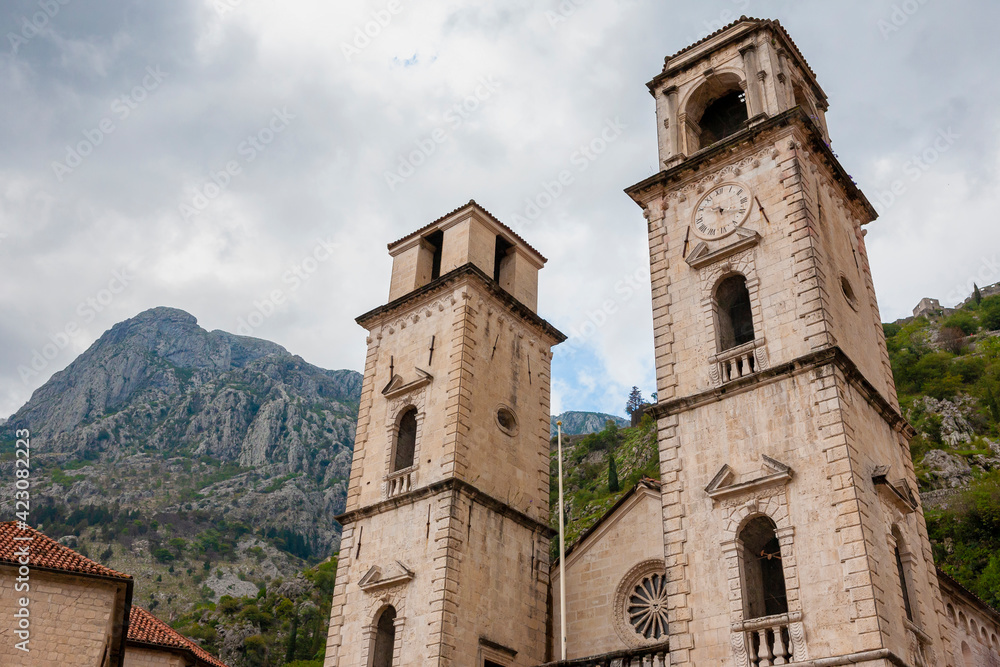 The twin towers of St. Tryphon's Cathedral (Katedrala Sv Tripuna) in the eponymous square (Trg Sv Tripuna), Kotor, Montenegro