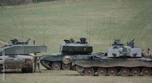the crews from british army Challenger II 2 FV4034 main battle tanks take a well earned break from a military exercise, Wiltshire