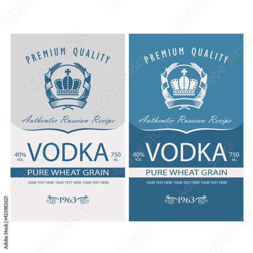 collection of vodka labels with royal crown and ears of wheat in retro style