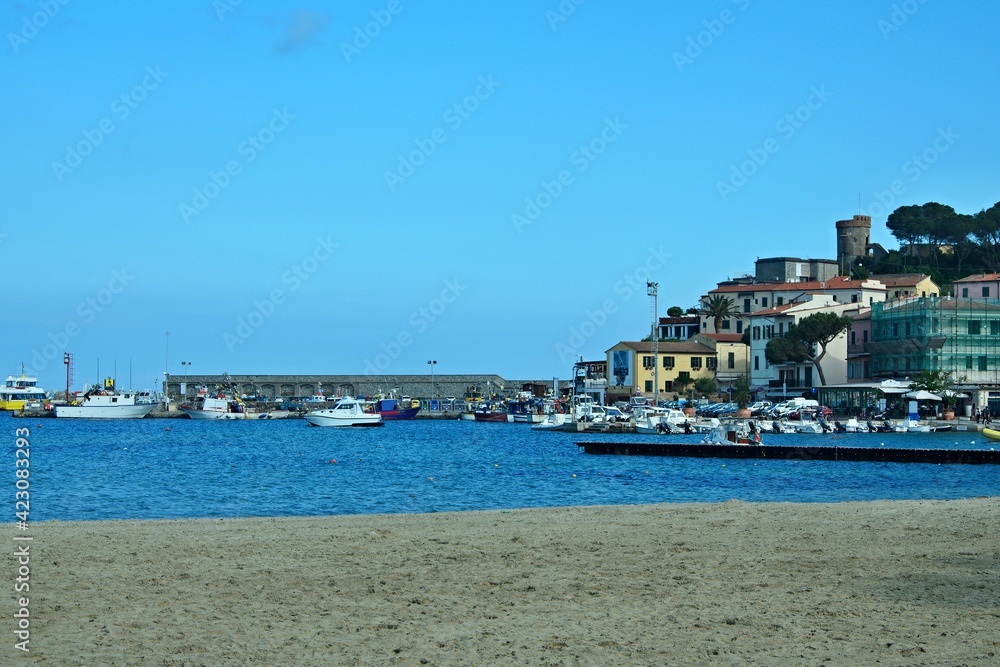 Italy-view on the beach and port in town Marina di Campo on the island of Elba