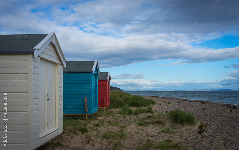 beach huts at findhorn beach