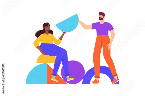 Teamwork  coworking  business partnership concept flat illustration. Characters with abstract geometrical shapes. Diverse people working together. Men and women organize abstract geometric figures