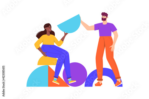 Teamwork, coworking, business partnership concept flat illustration. Characters with abstract geometrical shapes. Diverse people working together. Men and women organize abstract geometric figures