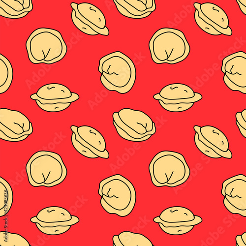  Seamless pattern with dumplings on red background. Pelmeni/pierogi wallpaper. Traditional russian cuisine dish. photo