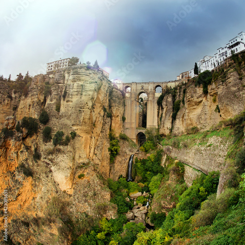 Panoramic view of the old city of Ronda, one of the famous white villages, before the rain in the province of Málaga, Andalusia, Spain