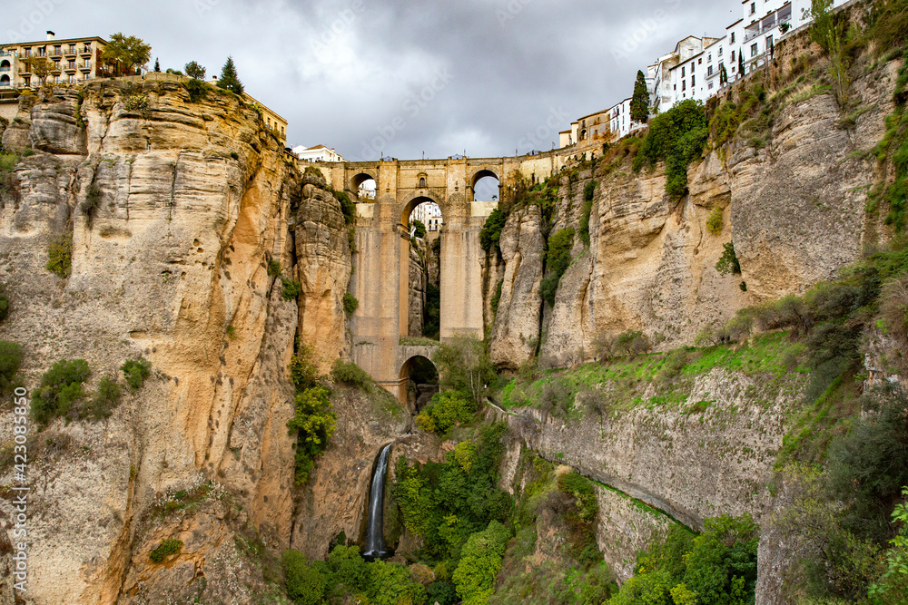 Panoramic view of the old city of Ronda, one of the famous white villages, before the rain in the province of Málaga, Andalusia, Spain