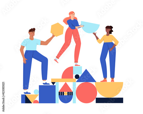 Teamwork, coworking, business partnership concept flat illustration. Characters with abstract geometrical shapes. Diverse people working together. Men and women organize abstract geometric figures