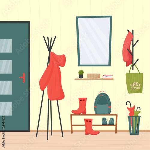 Hallway interior with stylish furniture, clothes and accessories, Shoe storage bench, hanger stand, umbrellas and mirror