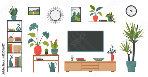 Set of isolated furniture, home plants and decorative elements for cute minimalistic interior in scandinavian style. Vector collection in a flat style for decor your living room or apartment