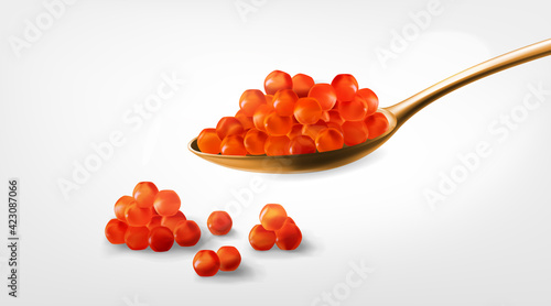 Gold Spoon with red caviar isolated on the white background.Realistic Detailed 3d Set. Sea food.Fish Roe.template, Graphic Simple design element.vector