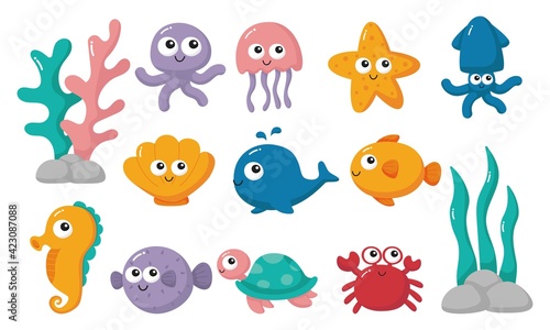 cute funny sea and ocean animals cartoon isolated on white background. illustration vector. 
