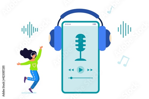 Music in smartphone Mobile technology for dancing party vector illustration Music applications Playlist online songs Smartphone music for happy young dancing girl character