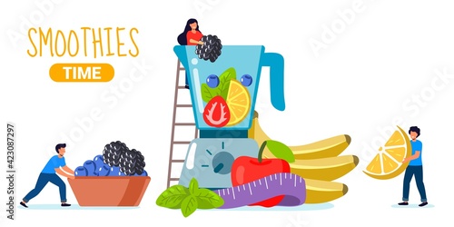 Smoothie time Making healthy drink Blender for vegetables Preparation of natural organic juices and smoothies from blackberry blueberry orange banana apple strawberry green herbs Cartoon Flat Vector I