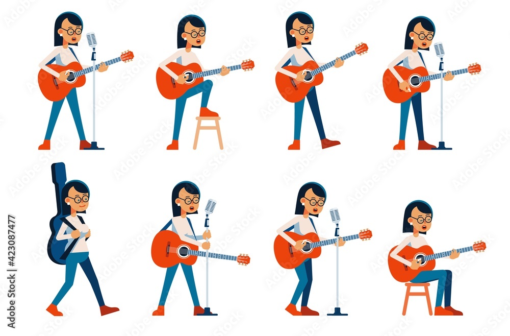 Vecteur Stock Woman guitarist singing in various poses. Girl Musician with  acoustic guitar. Vector flat character. | Adobe Stock