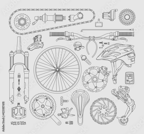 Isolated bicycle's parts. Vector linear elements