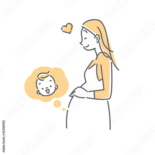生まれてくる赤ちゃんに思いをはせる妊婦さんのシンプルでナチュラルな線画イラスト
