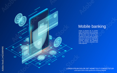 Mobile banking, money transfer, financial transaction flat 3d isometric vector concept illustration