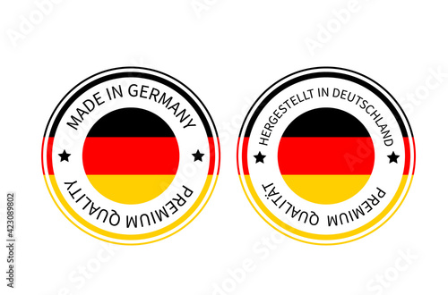 Made in Germany round labels in English and in German languages . Quality mark vector icon. Perfect for logo design, tags, badges, stickers, emblem, product package, etc