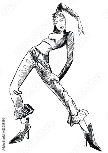 Hand-drawn fashion illustration of imaginary posing grotesque model in a theater costume, in high heels boots. Black and white line drawing. Color book page. Fashion card
