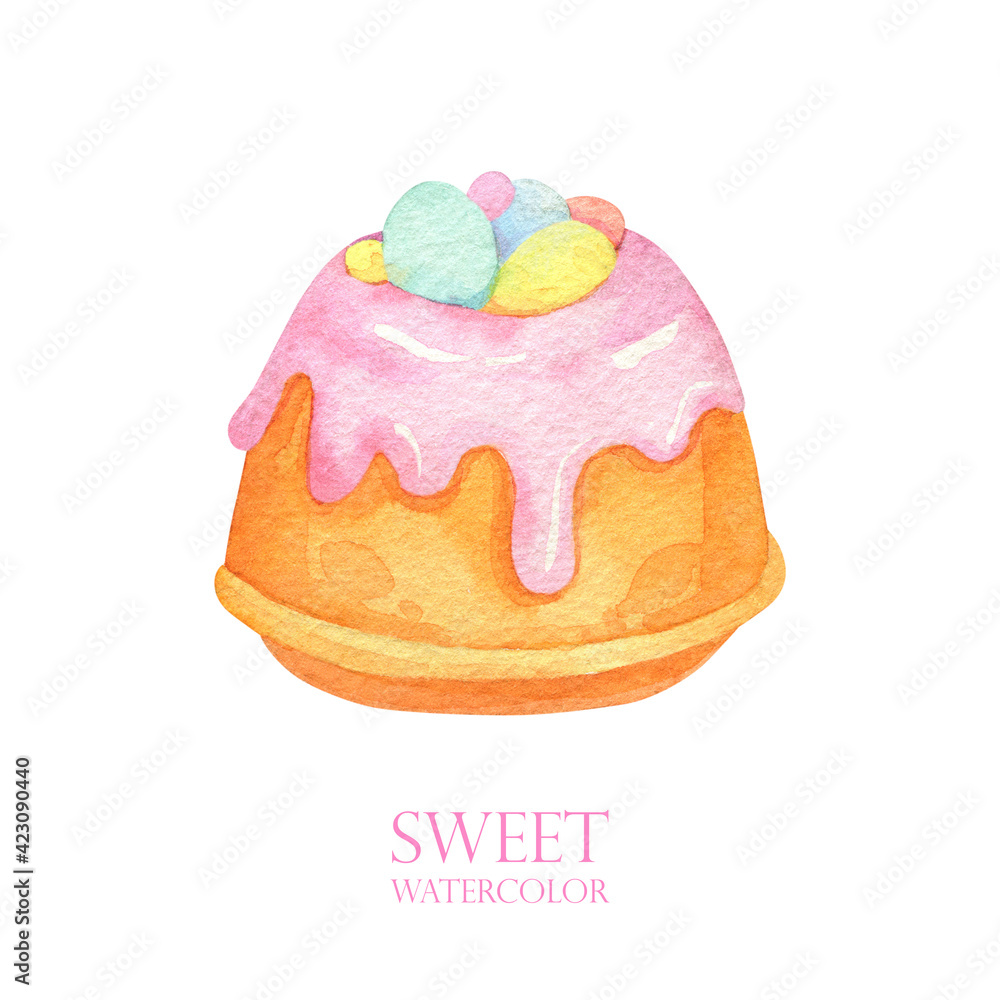 Pink glazed cake. Easter cupcake. Watercolor dessert