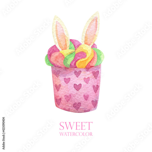 Pink rabbit cupcake. Watercolor dessert. Rainbow cream food