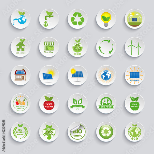 Ecology icons set. Eco friendly flat sign collection.Problems of ecology and environment, renewable energy, friendly industry. 
