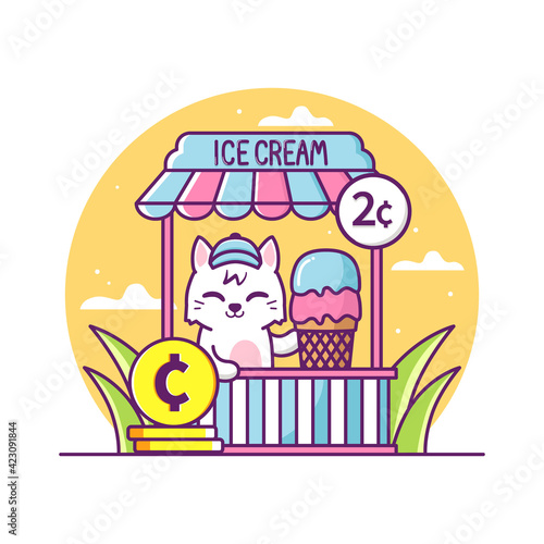 cute cat selling ice cream illustration