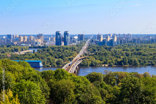 Aerial view of Metro bridge and the Dnieper river in Kiev, Ukraine. Kyiv cityscape