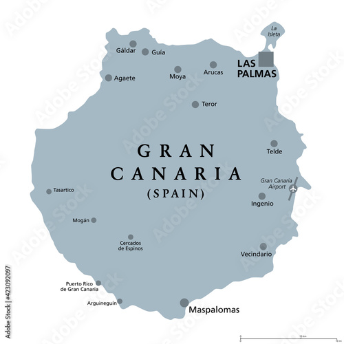 Gran Canaria gray political map with capital Las Palmas and important towns. Grand Canary Island, part of Spain, second most populous Island of Canary Islands, off the Atlantic coast of Africa. Vector