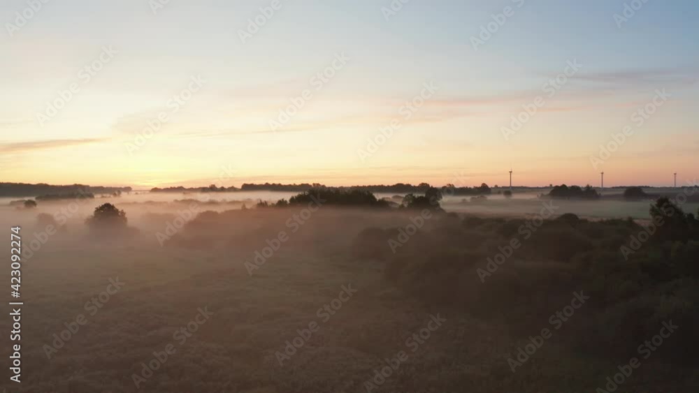 Sunrise and Foggy Meadows in Djursland Coast Aerial View Sunrise and Foggy Meadows in Djursland Coast Aerial View