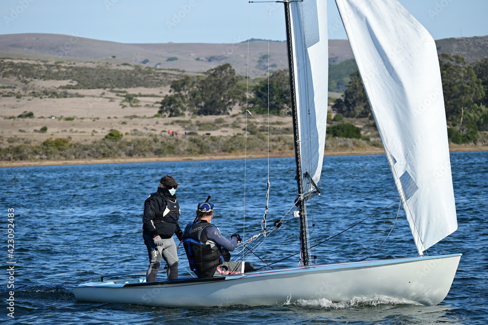 Naklejka premium Men adjusting their racing boat sail in a sunny day