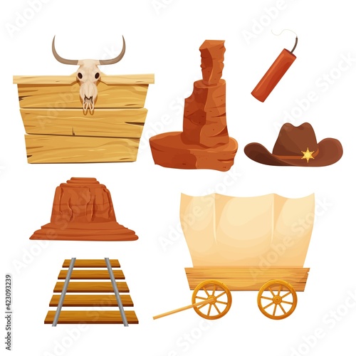 Wild west, western collection in cartoon style isolated on white background. Retro wagon, scull on wooden banner cowboy hat with star, Arizona dessert stone, wheel