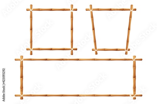 Set of bamboo frames in cartoon style isolated on white background. Empty banner, border from natural wood, sticks with rope stock vector illustration.