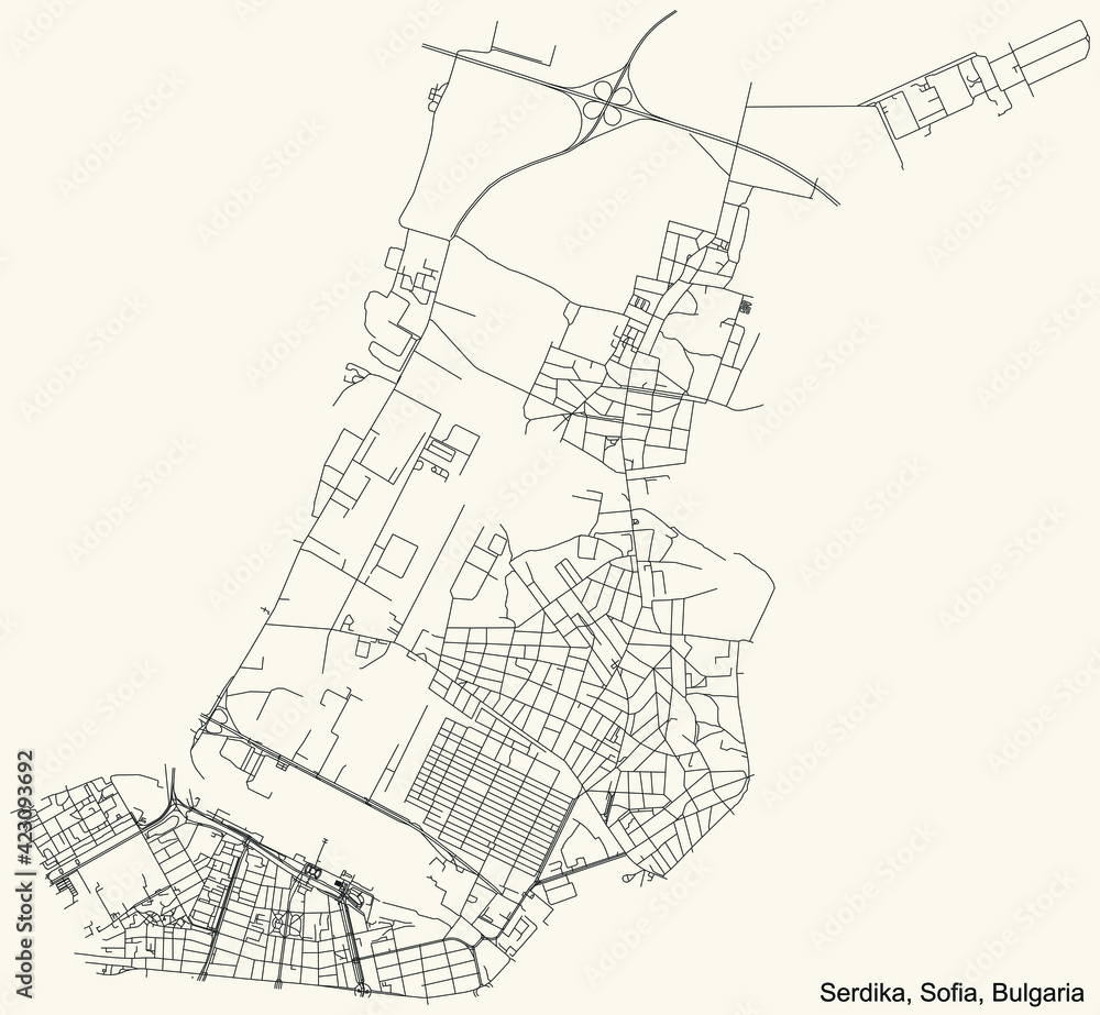 Black simple detailed street roads map on vintage beige background of the quarter Serdika district of Sofia, Bulgaria