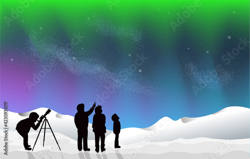 Aurora Northern Lights with Snow at Night silhouette people looking at stars