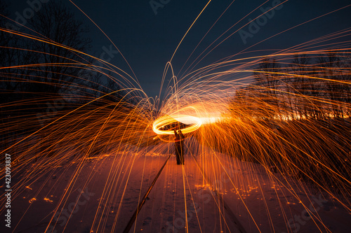 Fire painting at winter at night