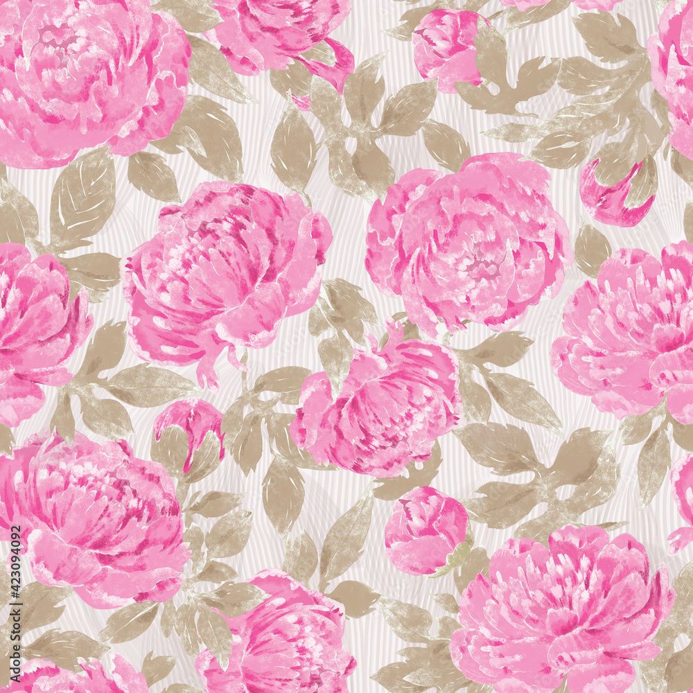 Seamless floral pattern with flowers on light background. Beautiful pink peonies with leaves. Pastel seamless pattern. Template design for textiles, interior, clothes, wallpaper. Botanical art. Seamless floral pattern with flowers on light background. Beautiful pink peonies with leaves. Pastel seamless pattern. Template design for textiles, interior, clothes, wallpaper. Botanical art.
