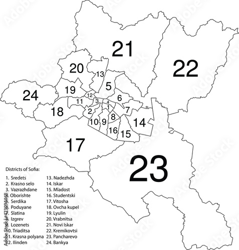 Simple white vector map with black borders and names of districts of Sofia, Bulgaria