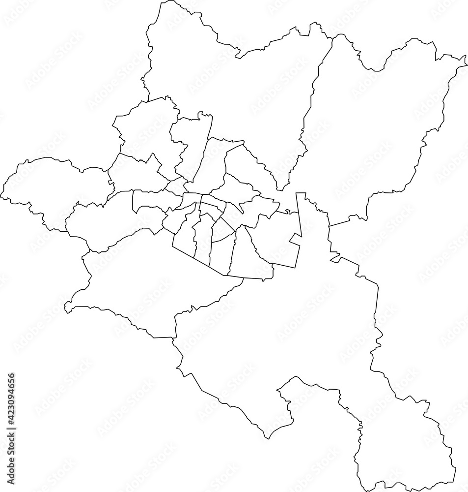 Simple white vector map with black borders of districts of Sofia, Bulgaria