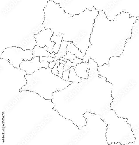 Simple white vector map with black borders of districts of Sofia, Bulgaria
