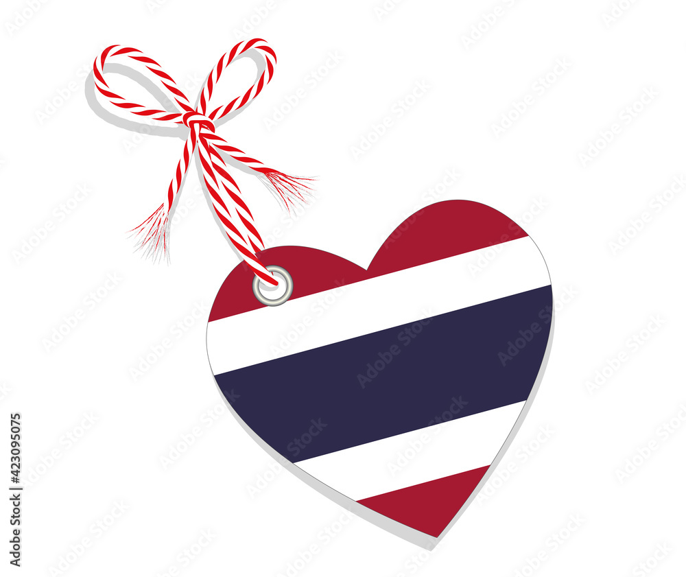 Fahne als Herz „I Love Thailand“ mit KordelSchleife, Vektor