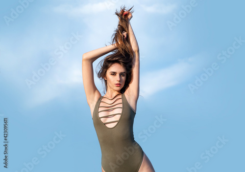 Sexy woman with slim body. Summer swimsuit lingerie. Summer bikini girl.