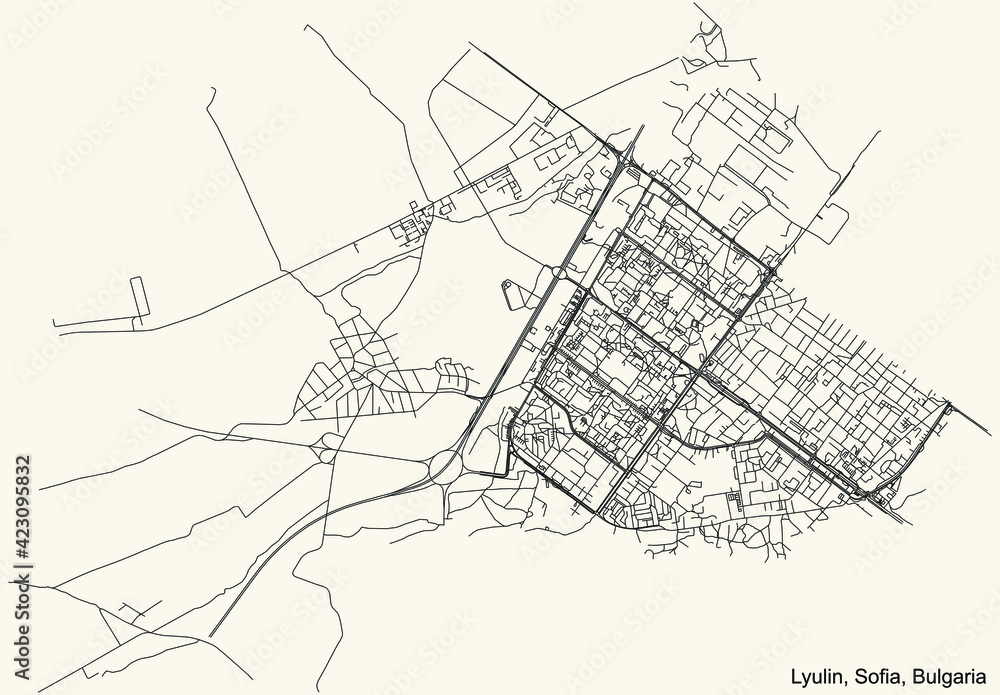 Black simple detailed street roads map on vintage beige background of the quarter Lyulin district of Sofia, Bulgaria