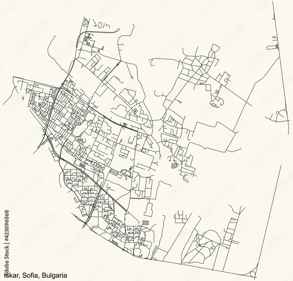 Naklejka premium Black simple detailed street roads map on vintage beige background of the quarter Iskar district of Sofia, Bulgaria