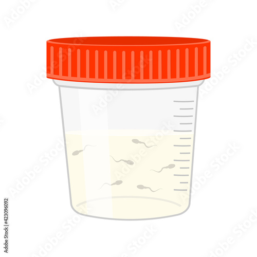 Semen analysis. Sperm sample plastic container isolated on white background. Male fertility test. Sperm donation concept. Vector cartoon illustration.