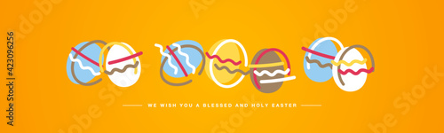 Easter eggs we wish you a holy and blessed Easter with simple hand drawn colorful eggs on orange background