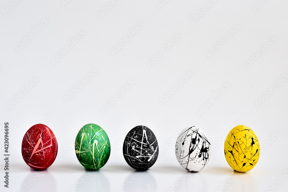 Banner of 6 painted colored eggs. Easter. Minimalism. copy space - obrazy, fototapety, plakaty 
