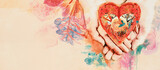 Heart in hand. Conceptual watercolor banner.
