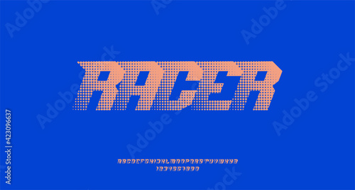 Halftone text effect with sporty italic font, suitable for logo, logotype, monogram, title, headline, poster, flyer