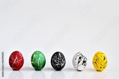 Banner of 6 painted colored eggs. Easter. Minimalism. copy space
